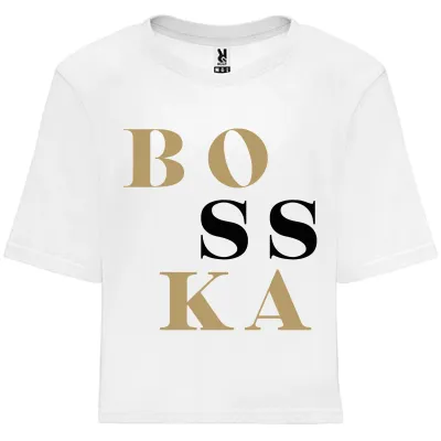 Koszulka oversize BOSSKA - biała z czarno-złotym napisem