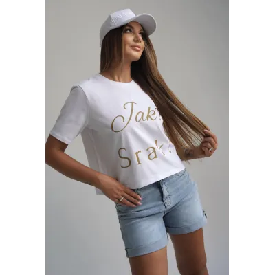 Koszulka oversize "Jak? Srak!" - biała ze złotym napisem