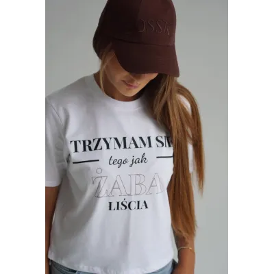 Koszulka oversize "Trzymam się tego jak żaba ... " - biała z czarno-bordowym napisem
