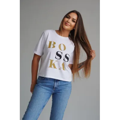 Koszulka oversize BOSSKA - biała z czarno-złotym napisem