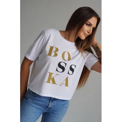 Koszulka oversize BOSSKA - biała z czarno-złotym napisem
