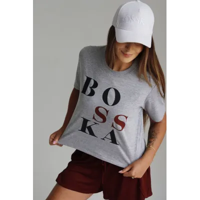 Koszulka oversize BOSSKA - popielata  z czarno-bordowym napisem