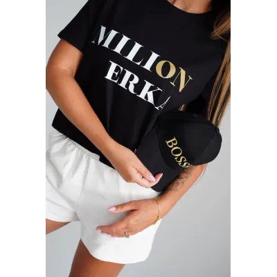 Koszulka oversize MILIONERKA - czarna z biało-złotym napisem