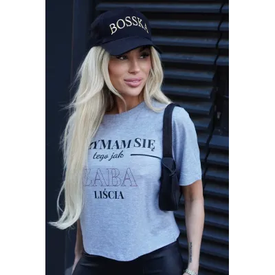 Koszulka oversize "Trzymam się tego jak ... - popielata  z czarno-bordowym napisem