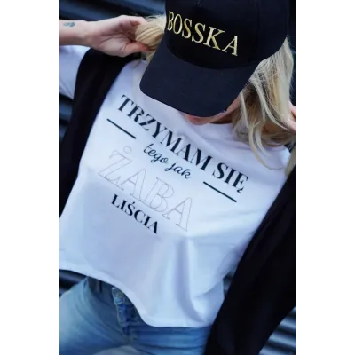 Koszulka oversize "Trzymam się tego jak żaba ... " - biała z czarno-bordowym napisem
