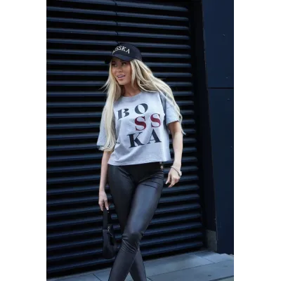 Koszulka oversize BOSSKA - popielata  z czarno-bordowym napisem