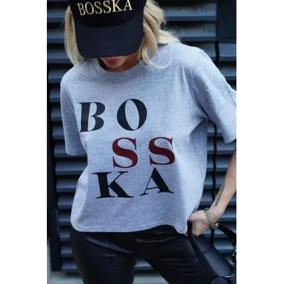 Koszulka oversize BOSSKA - popielata  z czarno-bordowym napisem