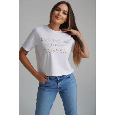 Koszulka oversize "Krąży pogłoska, że jestem BOSSKA!" - biała ze złotym  napisem