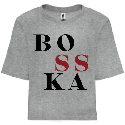 Koszulka oversize BOSSKA - popielata  z czarno-bordowym napisem