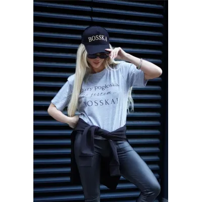 Koszulka oversize "Krąży pogłoska, że jestem BOSSKA!" - popielata z czarnym napisem